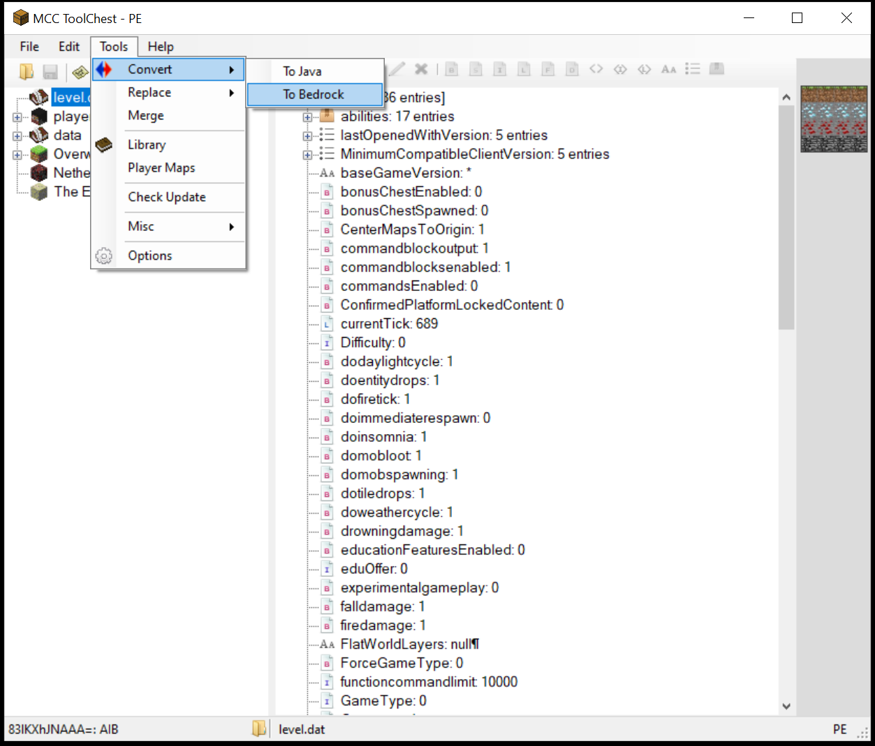 Click on the Tools dropdown to start the MCC conversion process from Java to Bedrock
