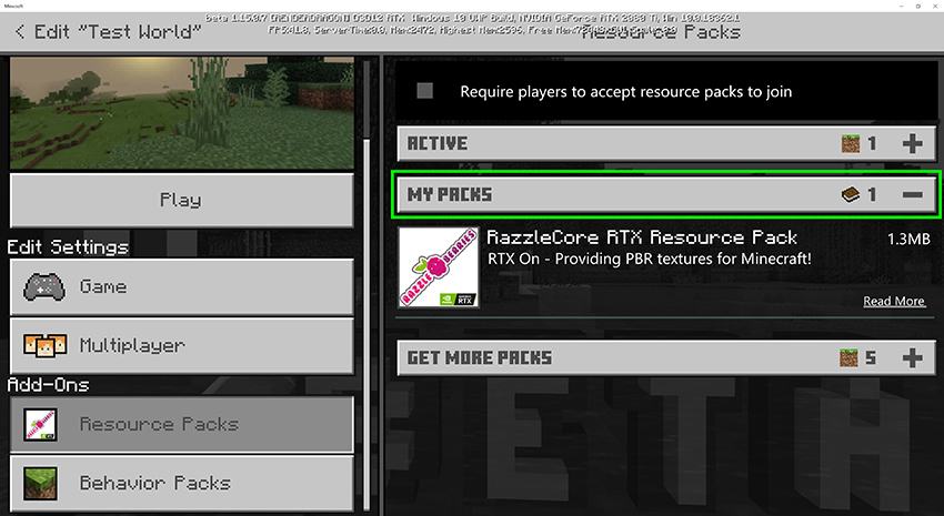 Click on the My Packs dropdown to see any packs that are loaded into your world folder, or the Resource Packs folder