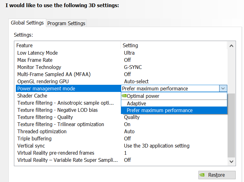 nvidia 3d settings power management